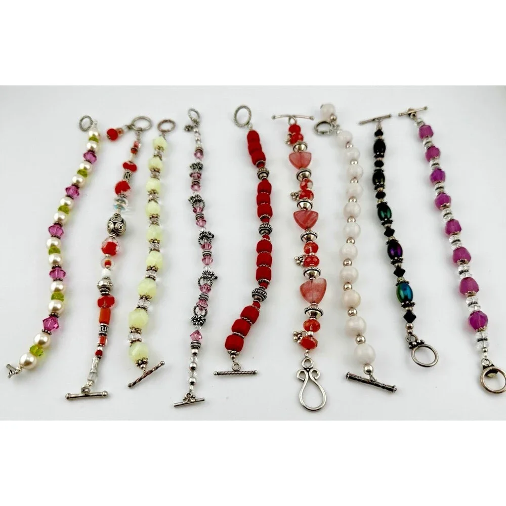 Sterling Silver 925 Beaded Bracelet Lot 9 Toggle Clasp Gemstone Glass Artisan